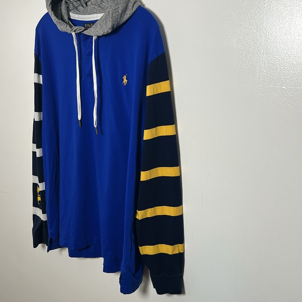 Polo Ralph Lauren Men’s Graphic Print Rugby Hoodie Royal Blue Striped Sleeves XL - Picture 7 of 15